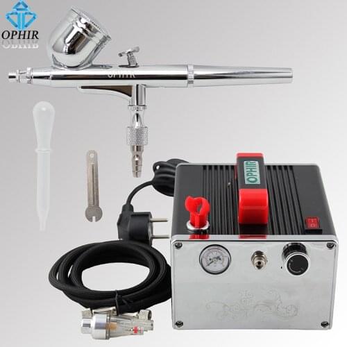 OPHIR 0.3mm Dual Action Airbrush Kit with Air Compressor for Nail Art Body Paint Makeup Cake Decorating Airbrush _AC091+AC004A