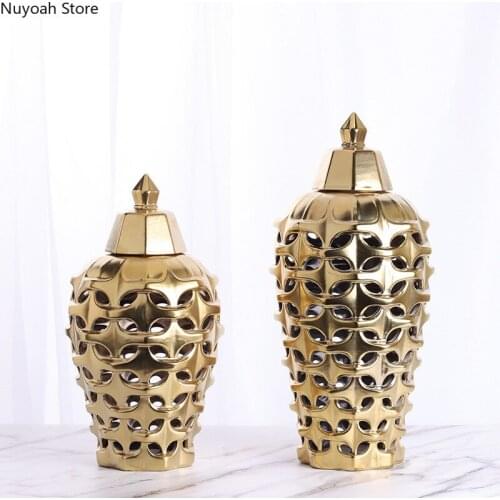 Golden Hollow Ceramic Storage Tank Crafts Creative Home Decoration Living Room Dried Flowers Flower Arrangement Accessories