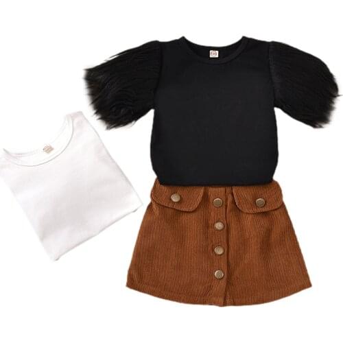 New Toddler Kid Girls 2Pcs Fashion Outfits, Feather Sleeve Round Neck Top + Brown Buttons Skirt Clothes Sets
