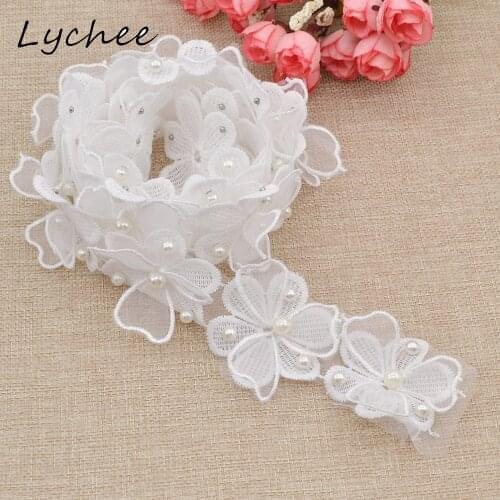 Lychee White Flower Artificial Pearl Crystal Lace Edge Polyester Yarn Trim For Women DIY Handmade Craft Mesh Cloth