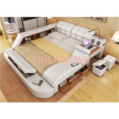 Multifunctional massage bed frame modern Nordic camas Genuine Leather ultimate bed With storage LED light Bluetooth speaker safe