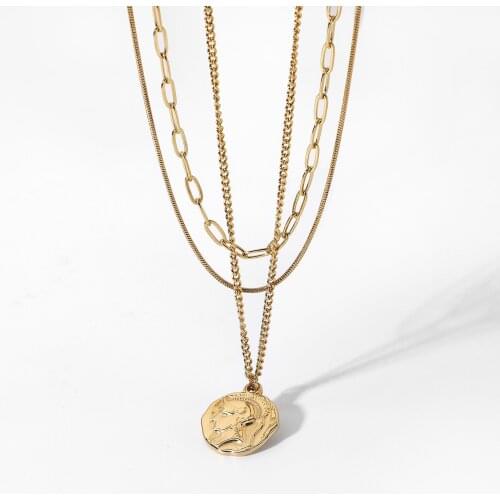 Multilayer Statement Cuban Chain Snake Chain Human Face Coin Pendant Necklace For Women French Vintage Stacking Choker Necklace