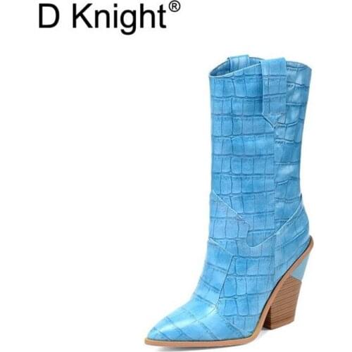 Fashion Bright Leather Women Boots Pointed Toe Western Cowboy Boots Women Mid-calf Chunky Wedges Heel Boots Runway Shoes Size 46