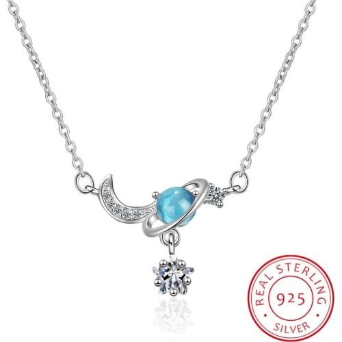 New Creative Beautiful Planet Moon And Star 925 Sterling Silver Jewelry Personality Crystal Clavicle Chain Necklaces H527