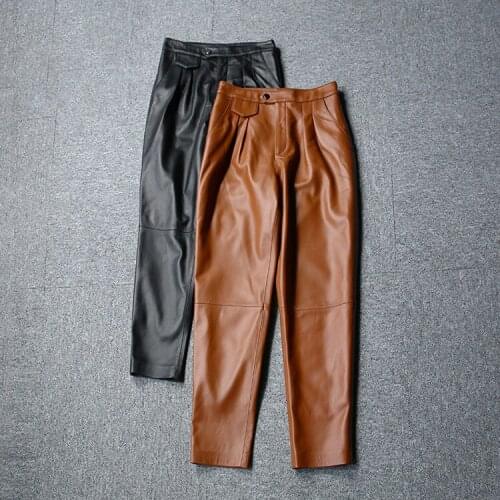 Autumn Womens High-rise leather pencil pants Hot Fashion Genuine leather casual pants C438
