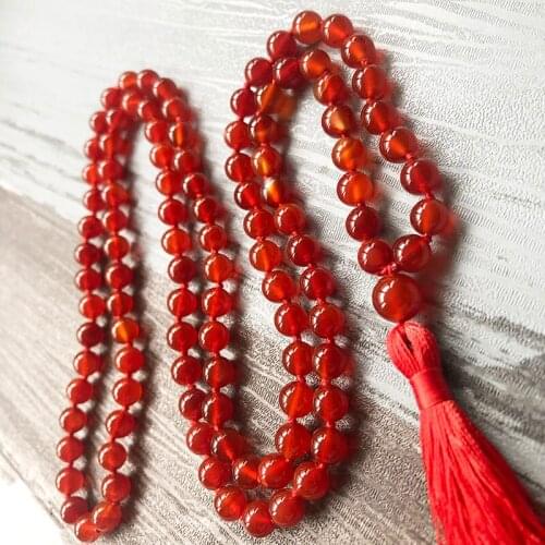 Hottest Red A-gate Knotted Necklace For Women Mala Jewelry Gift 108 C-arnelian Prayer Beads Boho Necklace With Red Tassel