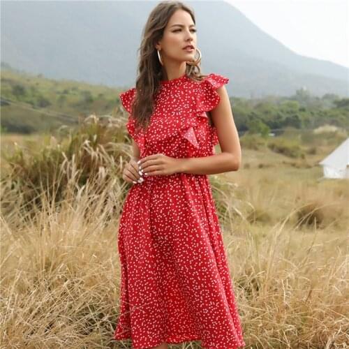 2021New Summer Fashion Dot Print Dress Women Casual Butterfly Sleeve Ruffles Medium Long Chiffon Loose And Versatile Dress