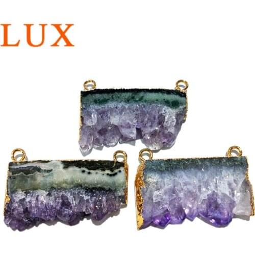 LUX Natural Purple Raw Amethysts Connector 24k Gold Electroplated Pendant Connectors Raw Amethysts Slice Stalactite Amethysts