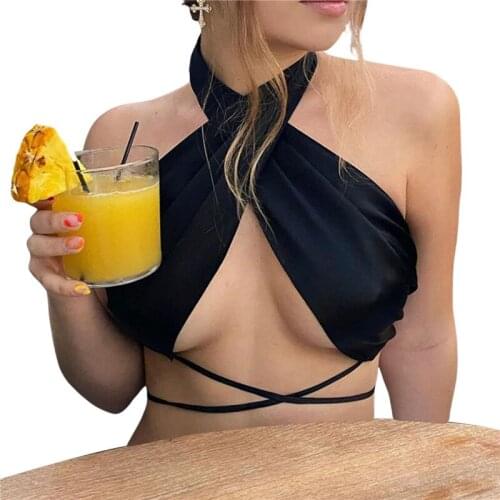 Xingqing Sexy Women Crop Top Solid Color Crisscross Strappy Tops Halter Slim Club Tops Corset Tee Shirt Ladies Tanks Clubwear