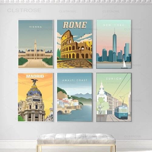 Nordic Vintage Travel Cities New York Poster Rome Vienna Zurich Switzerland Landscape Art Canvas Painting Wall Picture Home Deco