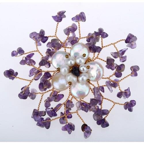 Yacq Womens Natural Amethyst Freshwater Pearl Pin Brooch Pendant 2 in 1 Handmade Jewelry Flexible Copper Wire Gifts for Her