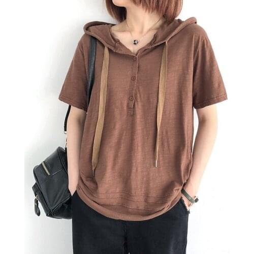 Korean Slub Cotton Short Sleeve T-Shirt Womens Summer New Loose Hooded Wild Casual Top Bottoming Shirt Tide Female Tee zh725