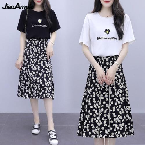 Womens Summer Causal 2 Piece Set Clothing 2021 Prairie Chic Print Daisy Loose Short Sleeve T Shirts Long Skirts Suit Female