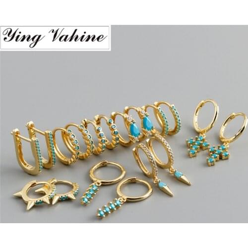Ying Vahine 100% 925 Sterling Silver Small Blue Zircons Cross Rivet Round Hoop Earrings for Women