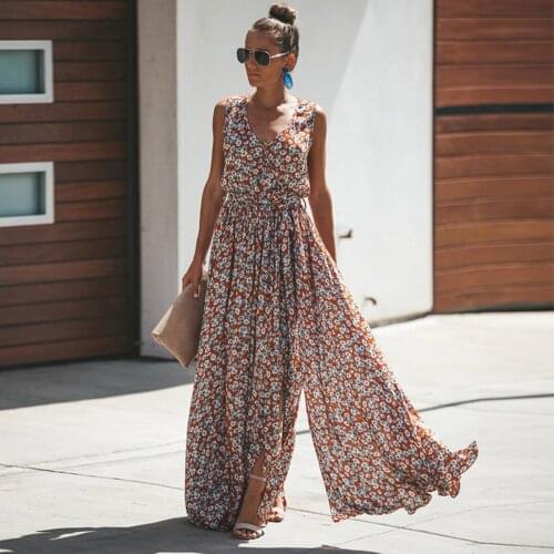 Women Summer Sleeveless Dress Fashion Floral Print Maxi Dresses Bohemian Beach Sling V-Neck Loose Long Dress Female
