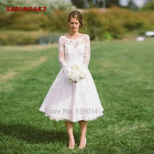 Long Sleeves Tea Length Wedding Dress Lace-Up Back Boho Country Bridal Gowns A-Line Vestidos Novia Robe De Mariage Online Shop