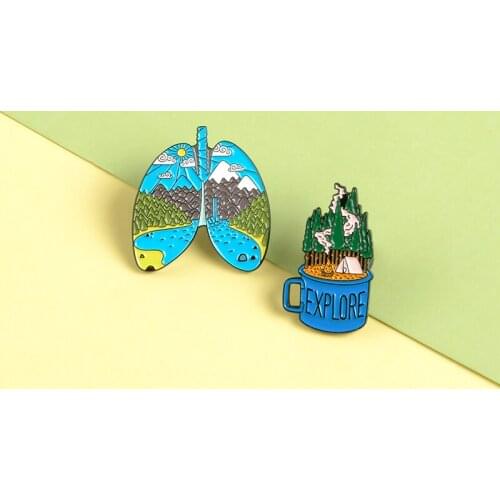Explore Travel Camping Pins Lung Cup Landscape Enamel Pins Cute Brooches Badges Bag Clothes Lapel Pins Jewelry Gifts For Friends