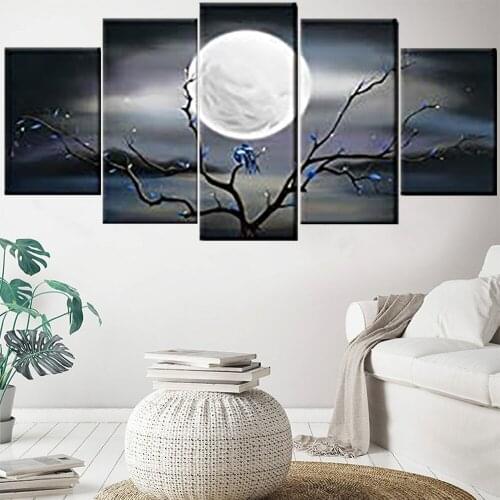 5 Pieces Wall Art Canvas Painting Big Full Moon over Ocean Landscape Modern Abstract Pictures For Living Room Home Decoration