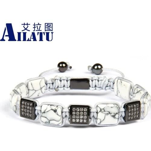 Ailatu Men Bracelet 10x10mm Mix Color White Howlite Flat Stone Beads Macrame Ornament Jewelry