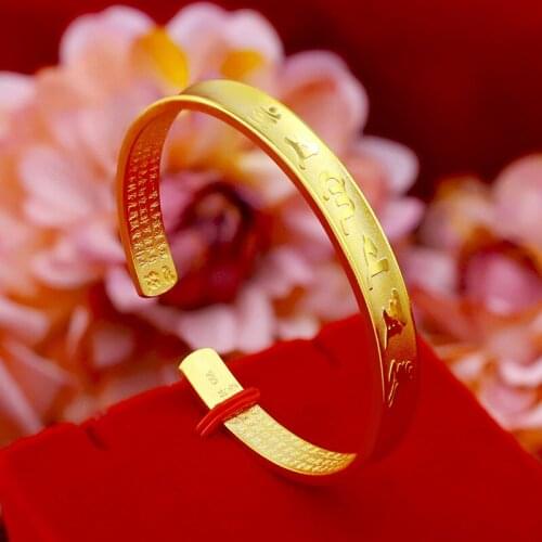 Fashion 14k Gold Bracelet for Women Wedding Engagement Jewelry Retro Statement Bracelet 6-Character Mantra Bangles Fine Jewelry