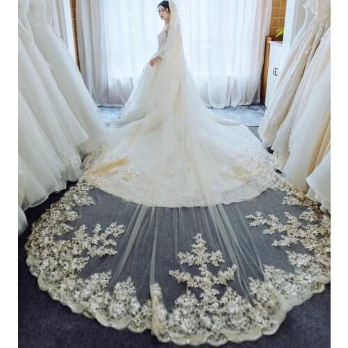 Long Bridal Veils Cathedral Wedding Veil Lace Applique Edge Luxurious White Ivory velos de novia catedral Bride Accessories