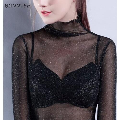 Long Sleeve T-shirts Women Solid Thin See-through Leisure Mesh Sexy Lady Turtleneck Wood Ears Soft Slim Female Tees Ulzzang Chic