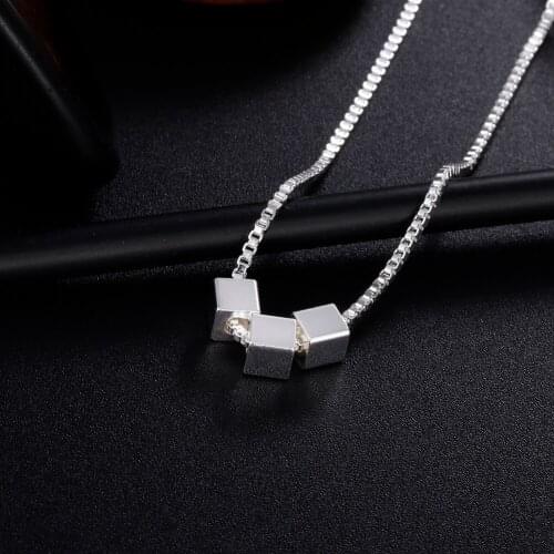 Classic 925 Sterling Silver Necklace for woman 18 inch Box chain Simple Square cube Pendant party fashion Jewelry Christmas Gift