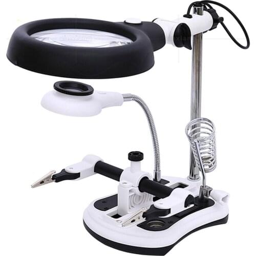 3-in-1 Welding Magnifier with 4 Lenses and 18 LED Lights, Clip-on Auxiliary Magnifier, Soldering Iron Stand