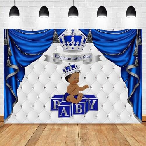 NeoBack Royal Blue and Silver Baby Shower Backdrop Silver Crown Ethnic Prince Photo Backgrouns Glitter Silver Tufted Backdrops