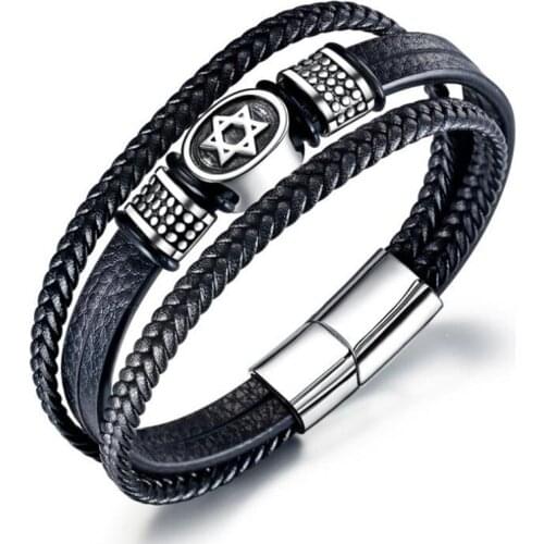 Fashion Stainless Steel Six Pointed Star Leather Bracelet Multilayer Leather Braid Men Jewelry