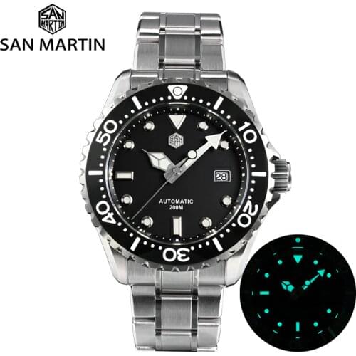 San Martin Men Diver Watch 44mm Luxury Automatic Wristwatches Sapphire Glass 200m Stainless Steel PT500 Mechanical Watch