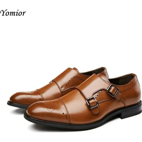 Yomior New Spring Summer Men Dress Shoes Real Leather Square Toe High Quality Formal Business Suit Wedding Brogue Shoes Loafers
