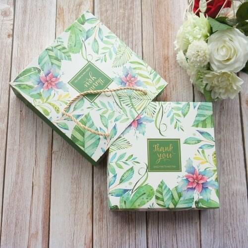 18.5*18.5*6cm 3set Gold Thank You Leaves Design Paper Box + Bag As Cookie Candy Handmade Sweet Wedding Birthday Gift Use