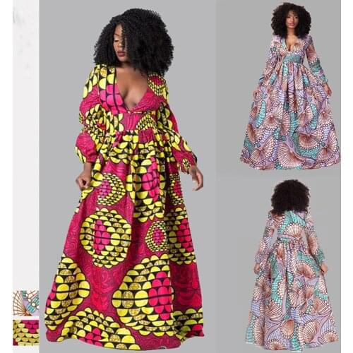 2020 News African Dresses for Women Autumn Winter Dashiki African Clothes Full Sleeve V-neck Plus Size Ladies Robe Africaine
