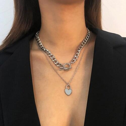 Lalynnly Punk Plated Heart Pendant Necklace For Women Vintage Silver Color Simple Geometric Statement Link Choker Chain Necklace