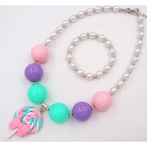 1Set 2020 New Child Chunky Beads Necklaces Colorful Toddler Girls Pearl Bubblegum Necklace Bracelet Jewelry Set For Kids Gift