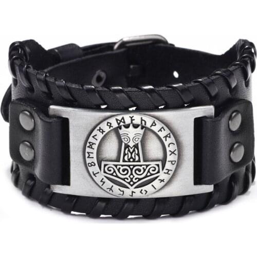 Toten Design Nordic Viking Odins Hammer Bracelet Mens Hand Woven Wide Leather Wristband Adjustable Bracelet Punk Jewelry