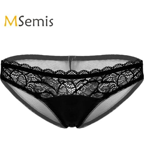Mens Lingerie Erotic Apparel Sissy Underwear See-through Back Floral Lace Briefs Sexy Panties Patchwork Low Waist Underpants