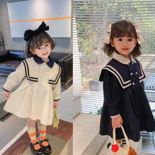 Spring Summer Girls' Dress British Style Navy Collar Little Cute Long-Sleeved Student School Dress Baby Kids ChildrenS Clothing