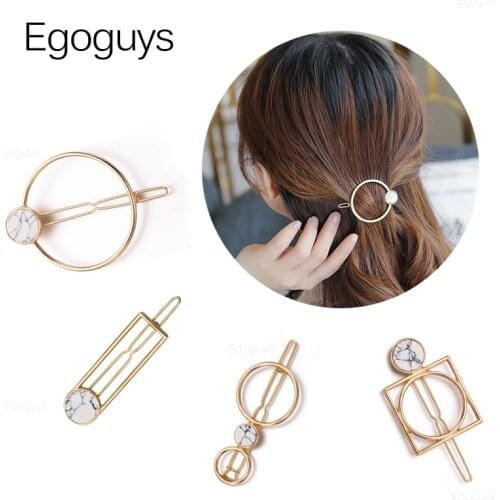 1PC Fashion Geometric Hair Clips Circle Square Hairpins Women Girl Natural Stone Marbling Barrettes Retro Metal Hair Styling Pin