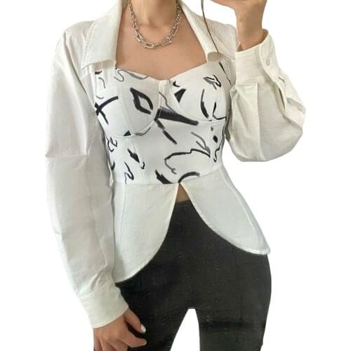 Women Asymmetrical Personality Shirt Turn-down Collar Long Sleeve Fashion Temperament Fake 2-piece slim-fit breast wrap shirt