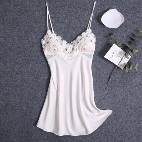 Women Embroidery Flower Sleepwear Bathrobe Soft Faux Summer Sexy Mini Nightgown Silk Satin Suspender Nightdress Loose Home Dress