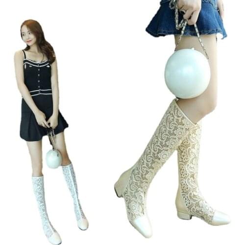 Spring and summer high-tube net boots womens thick heel boots net shoes breathable European and American hollow sandals