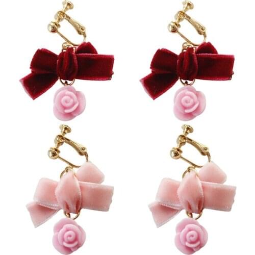 Rose Clip on Earrings Without Piercing for Women Lady Wedding Lovely Girls Pink Claret Red Bowknot Brincos No Hole Earrings