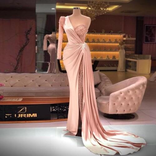 Charming Elegant Mermaid Evening Dresses Long Sleeve One Shoulder High Slit Formal Dress Plus Size Women Party Prom Gowns Custom