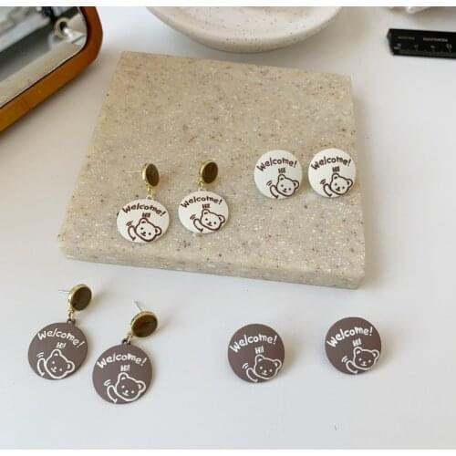TIMEONLY Funny Cartoon Bear Hanging Earrings for Women Korean Fashion Letter Print Round Arcylic Drop Earrings Vintage Jewelry