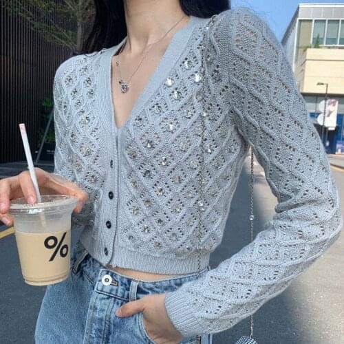 Designer Cardigan Crop Top 2021 Spring New Cropped Cardigan Sweater Women V Neck Crystal Hollow Out Knit Cardigan Sweater Coat