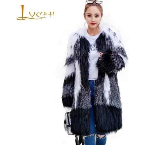 LVCHI Winter 2019 Contrast Color Real Fox Fur Coats O-Neck Medium Real Natural Fox Fur Coat Womens Spliced Causal Fox Coats