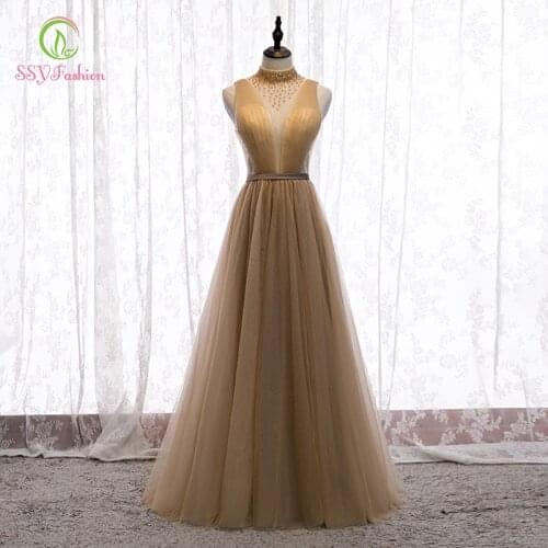 SSYFashion New Champagne Evening Dress Banquet Elegant High-neck Crystal Beading Floor-length Long Prom Formal Gowns Vestidos