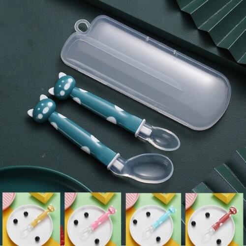 2Pcs/Set Cartoon Cute Baby Training Spoons Toddlers Soft Silicone Feeding Spoon With Box Children Food Baby Feeding Utensils